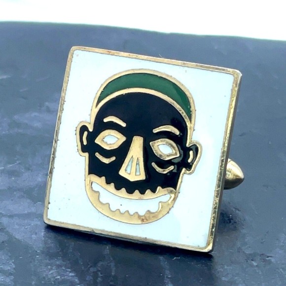 Vintage Swank Tribal Mask White Black Green Enamel Gold Bullet Back Cufflinks - Picture 8 of 9